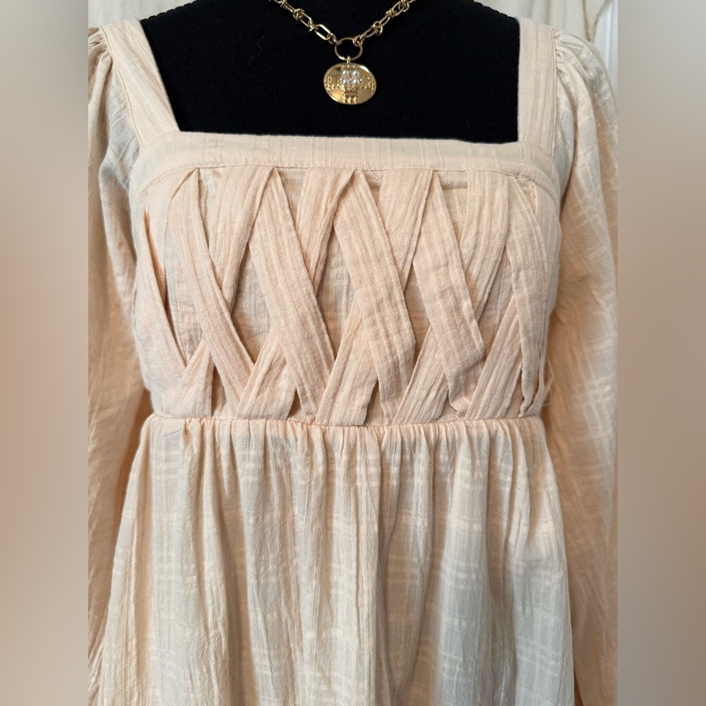Listicle Cream Label Dress with Gold Script